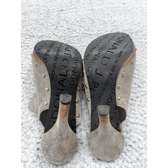 Women's Donald J Pliner Taupe Shimmery Peep Toe Slip On Studded Heels Size 6.5 M - Picture 11 of 12